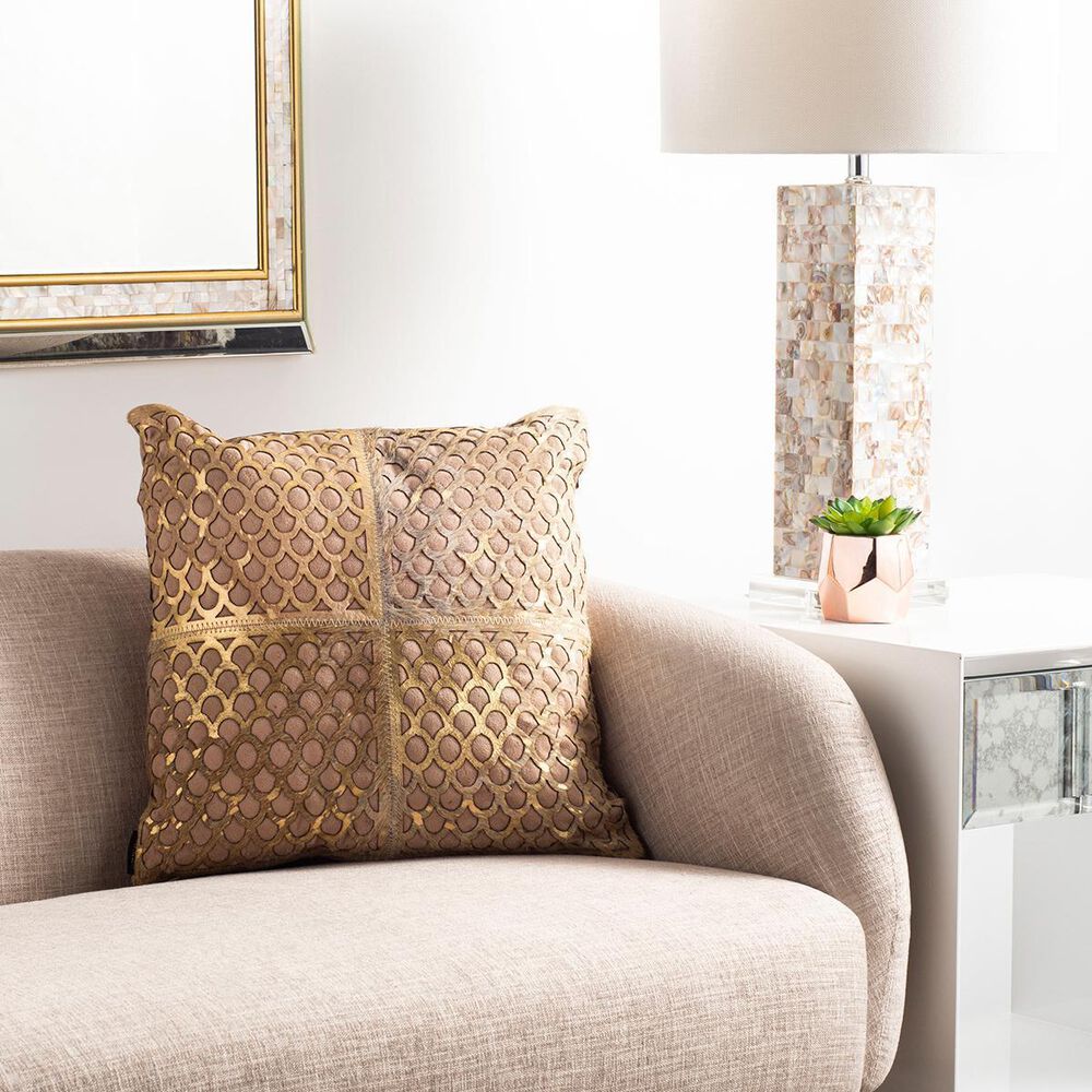 Safavieh Metallic Fin Cowhide 18&quot;x18&quot; Pillow in Beige/Gold, , large