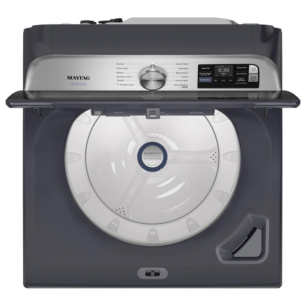 Maytag 5.3 Cu. Ft. Smart Pet Pro Top Load Impeller Washer and 7.4 Cu. Ft. Gas Smart Top Load Dryer Laundry Pair in Midnight Steel, , large