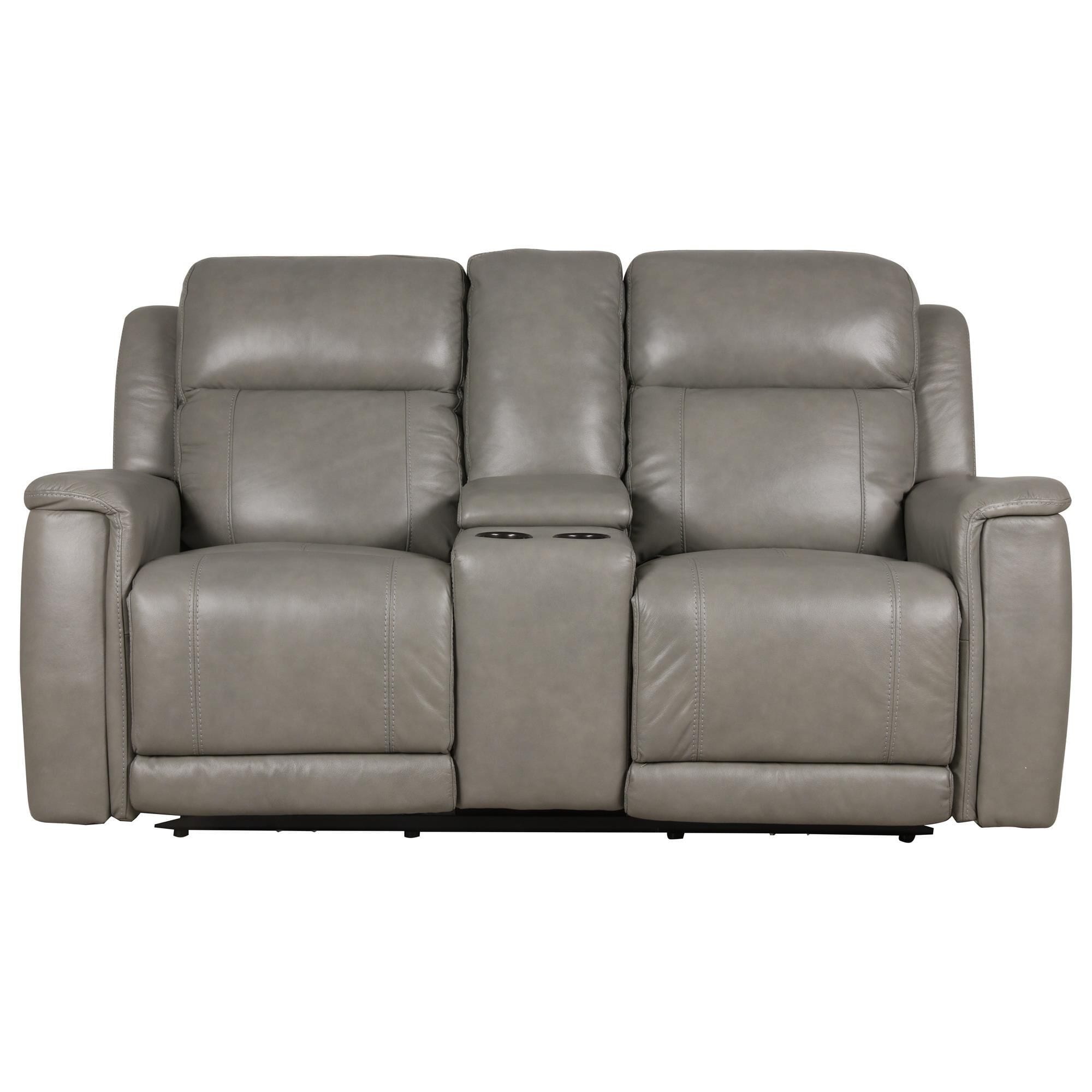 Bassett Leather Power Reclining Console Loveseat with Power Headrest and Lumbar in Light Gray NFM