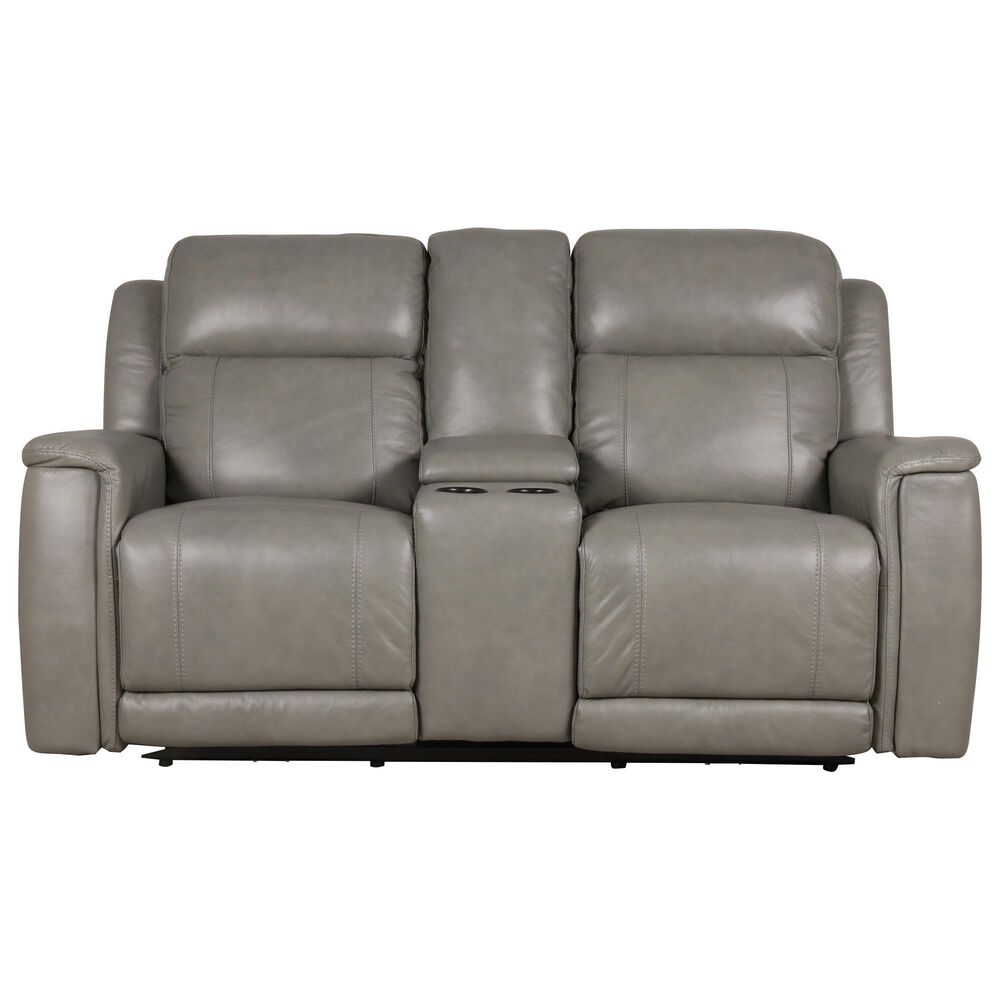 Bassett Leather Power Reclining Console Loveseat with Power Headrest and Lumbar in Light Gray, , large