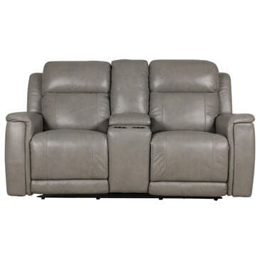 Bassett Leather Power Reclining Console Loveseat with Power Headrest and Lumbar in Light Gray, , large