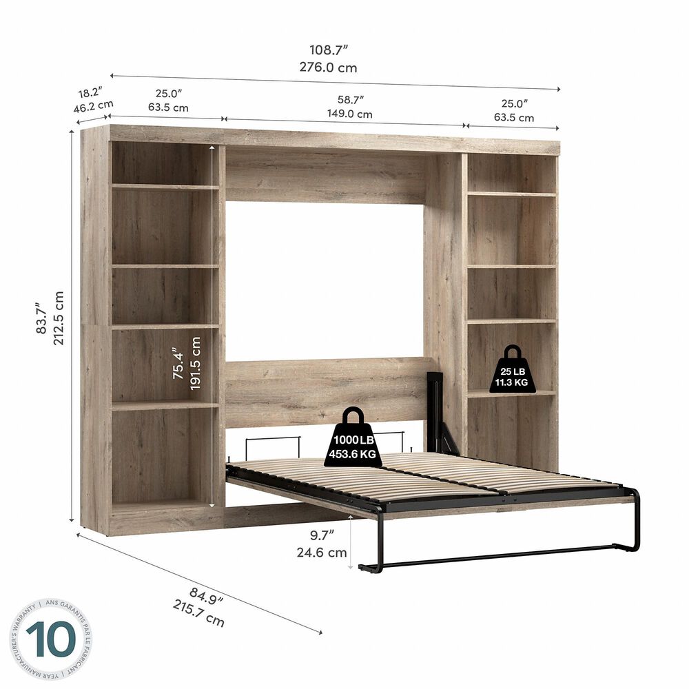 Bestar Pur 109&quot; Full Murphy Storage Bed in Rustic Brown, , large