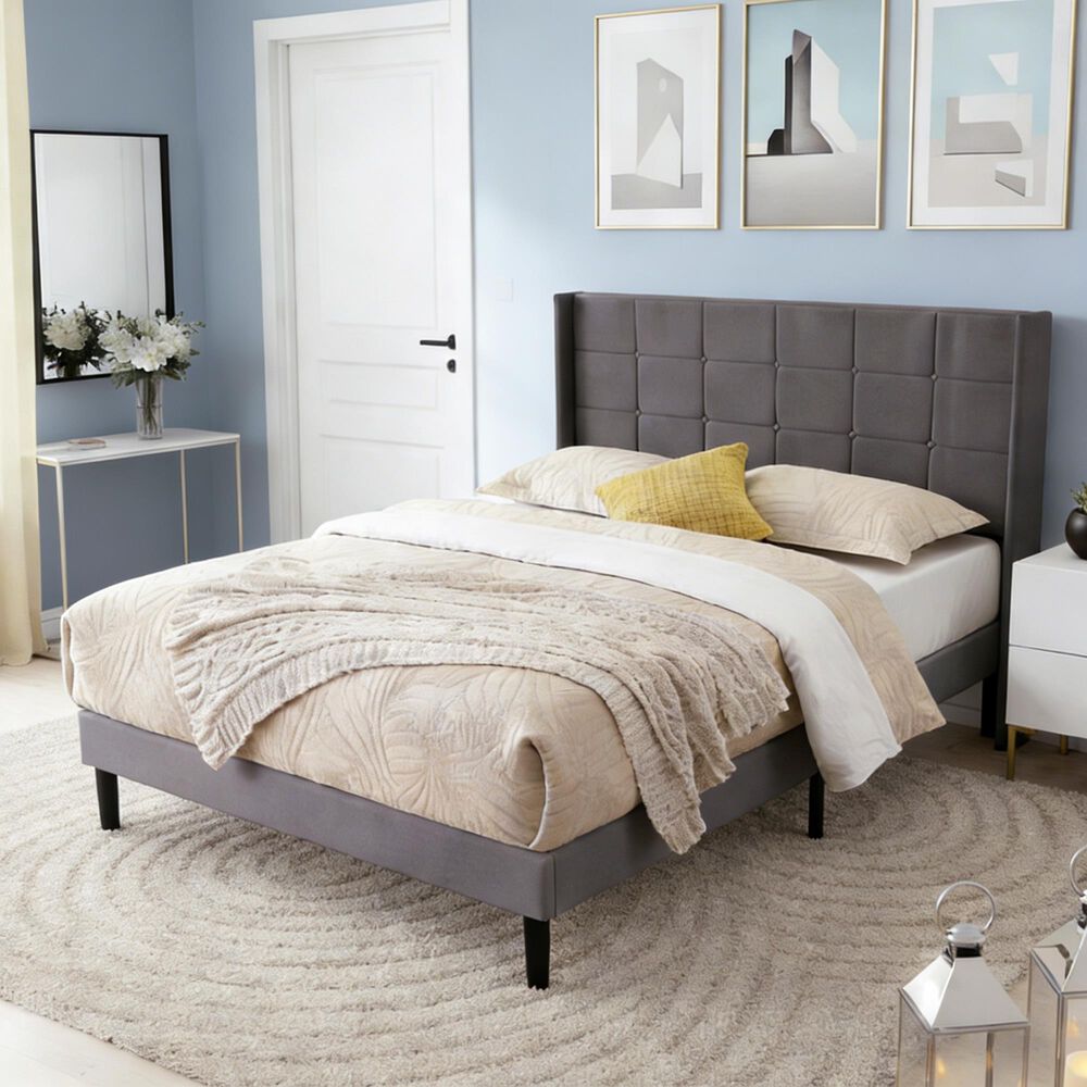 HOMLUX Full Upholstered Platform Bed Frame with Tufted Headboard in Dark Gray, , large