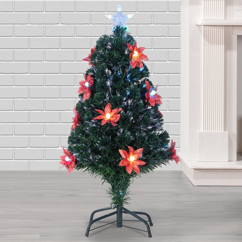 The Gerson Company 3&#39; High Color-Changing Christmas Tree with Red Poinsettia Flowers in Green, , large