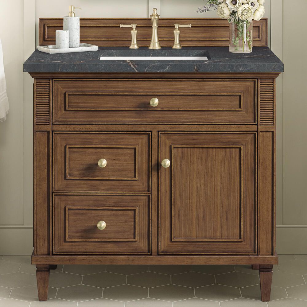 James Martin Vanities Lorelai 36&quot; Single Vanity in Mid-Century Walnut with 3 cm Parisien Bleu Quartz Top, , large