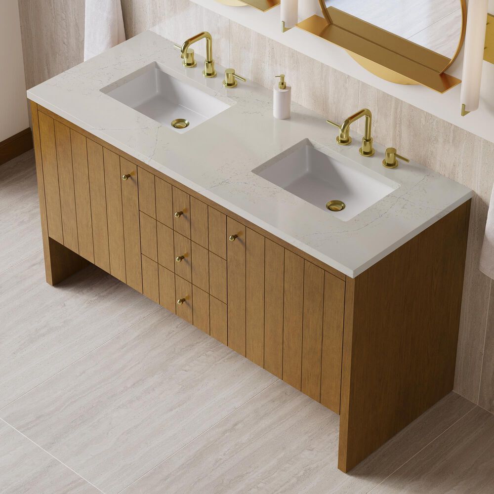 James Martin Hudson 60" Double Bathroom Vanity in Honey Oak with 3 cm Siberian Silestone Top and Rectangular Sinks, , large