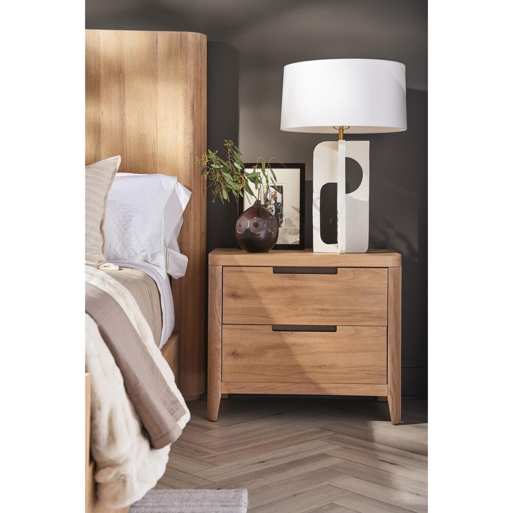 Universal Furniture Modern Walker King Panel Bed with Two Nightstands in Natural Oak with AC Outlets and USB Ports, , large