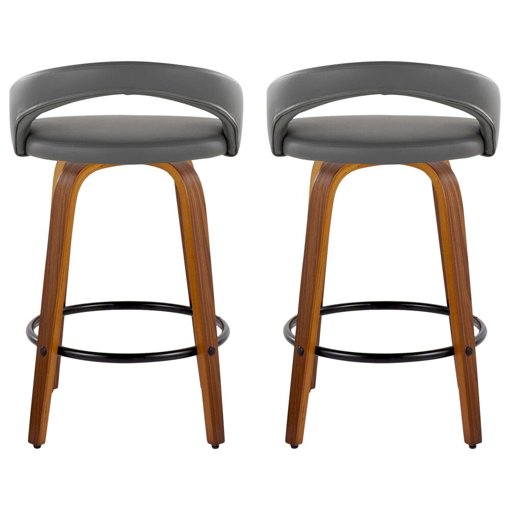 LumiSource Grotto Swivel Counter Stool with Grey Faux Leather Upholstery in Walnut Wood and Black (Set of 2), , large