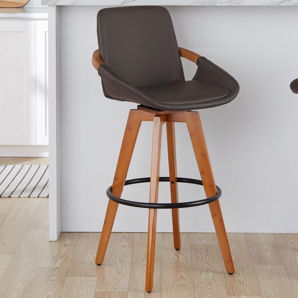 Lumisource Cosmo Swivel Barstool with Brown Cushion in Walnut and Black, , large