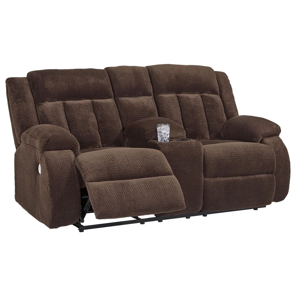 Ashley Observation Power Reclining Loveseat with Console in Chocolate Velvet, , large