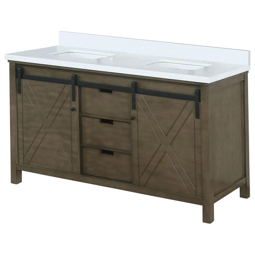Lexora Home Marsyas 60" Double Bathroom Vanity in Rustic Brown with 2 cm White Cultured Marble Top and Rectangular Sinks, , large
