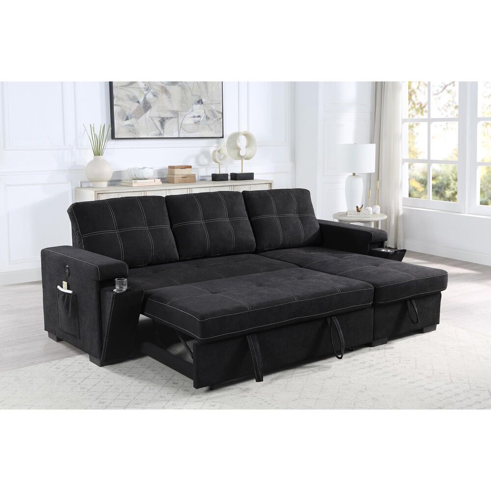 HOMLUX 95"W Reversible Sleeper Sectional Sofa with Storage Chaise, Cup Holders, USB, in Black, , large