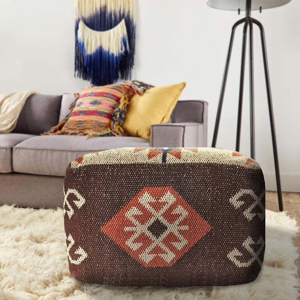 LR Home 18" Square Kilim Pouf in Brown and Orange, , large