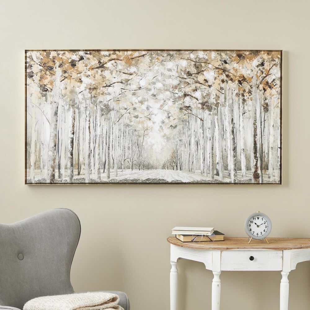 Maple and Jade 31&quot; x 58&quot; Canvas Forest Landscape Framed Wall Art in Gray, Gold and Brown, , large