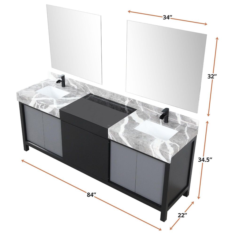 Lexora Home Zilara 84&quot; Double Bathroom Vanity in Black and Grey with 11 cm Castle Grey Marble Top and Rectangular Sinks, , large