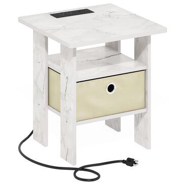 HOMLUX USB and Type-C Port Charging Station End Table with Ivory Storage Bin in Marble White, , large