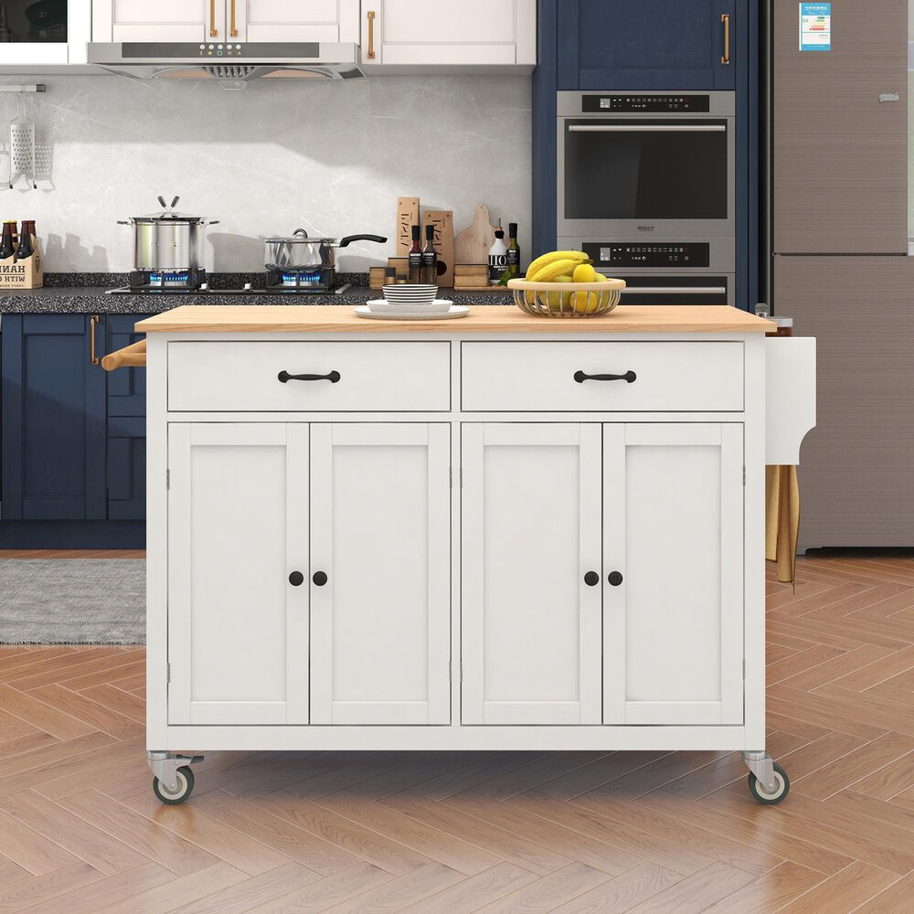 HOMLUX 54" Kitchen Island Cart with Solid Wood Top and Locking Wheels in White, , large