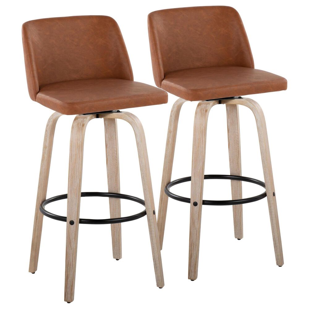 LumiSource Toriano Swivel Bar Stool with Camel Faux Leather Upholstery in Whitewashed and Black (Set of 2), , large