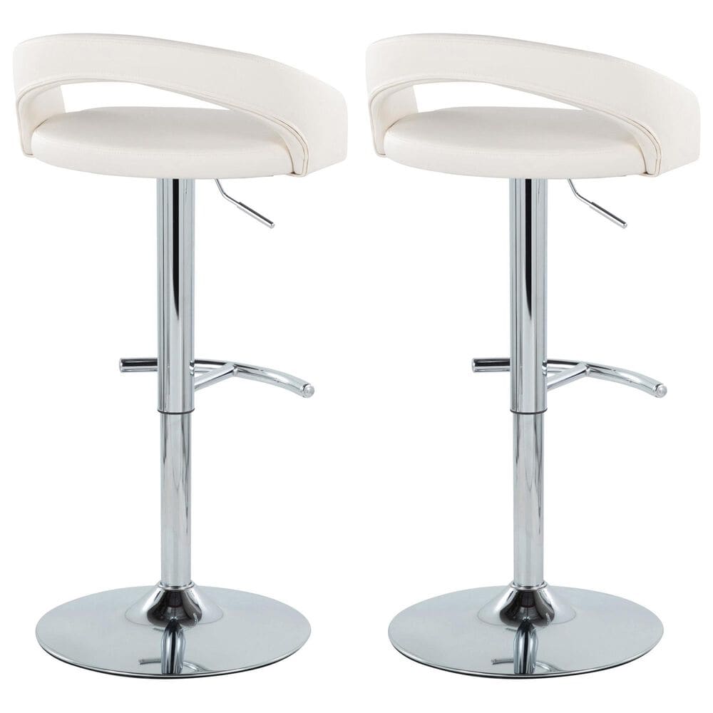 LumiSource Grotto Swivel Adjustable Bar Stool with White Faux Leather Upholstery in Chrome (Set of 2), , large
