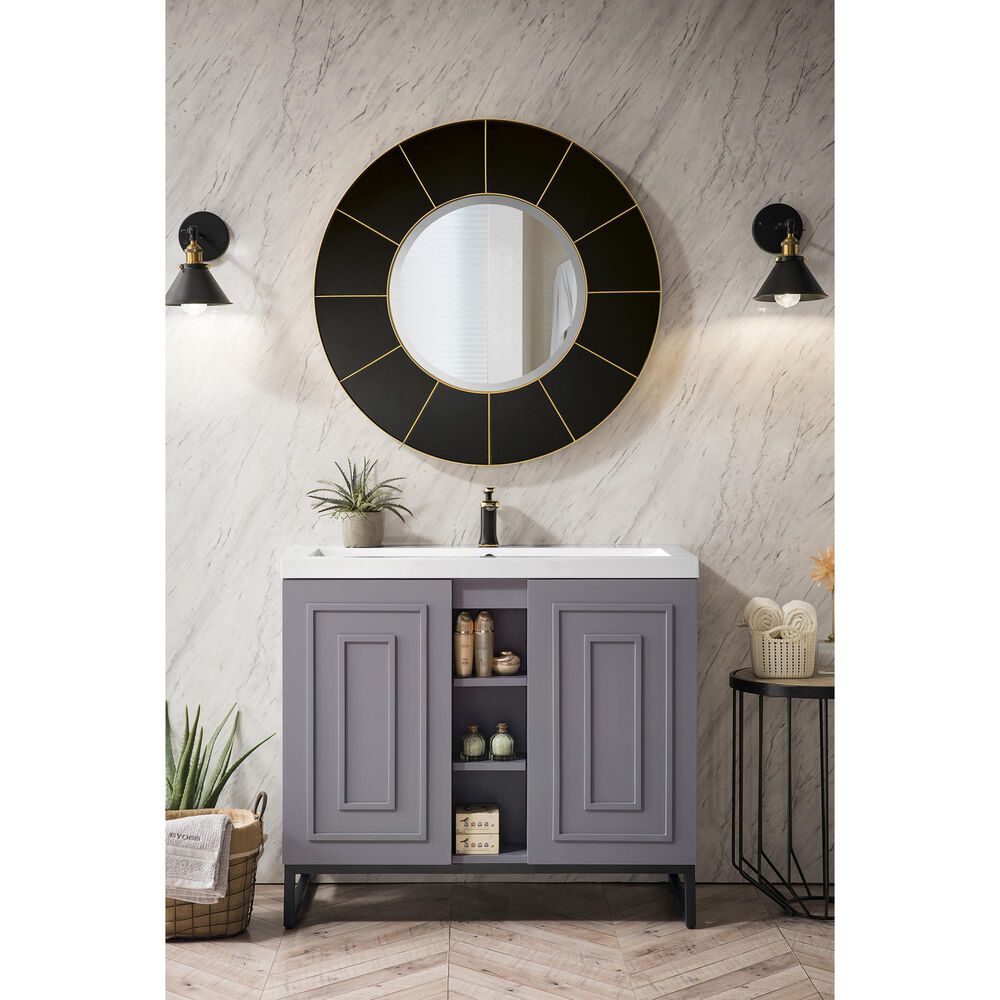 James Martin Vanities Alicante 39.5&quot; Single Bathroom Vanity in Grey Smoke and Matte Black with 5 cm White Glossy Resin Top and Rectangular Sink, , large