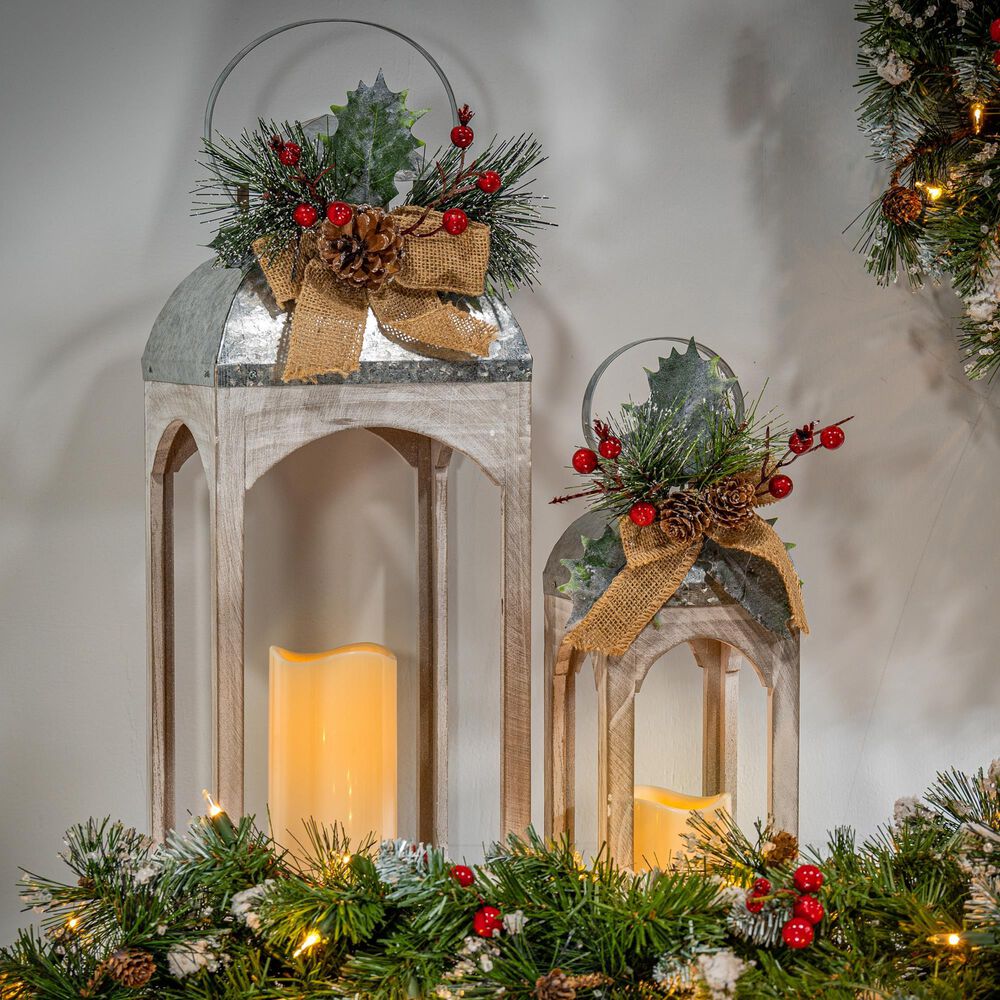 The Gerson Company 2-Piece Holiday Lantern Set with LED Candle and Floral Accent in White, , large