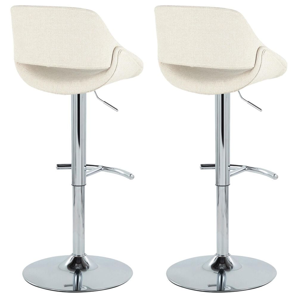 LumiSource Fabrico Swivel Adjustable Bar Stool with Cream Noise Fabric Upholstery and Rounded T Footrest in Chrome (Set of 2), , large