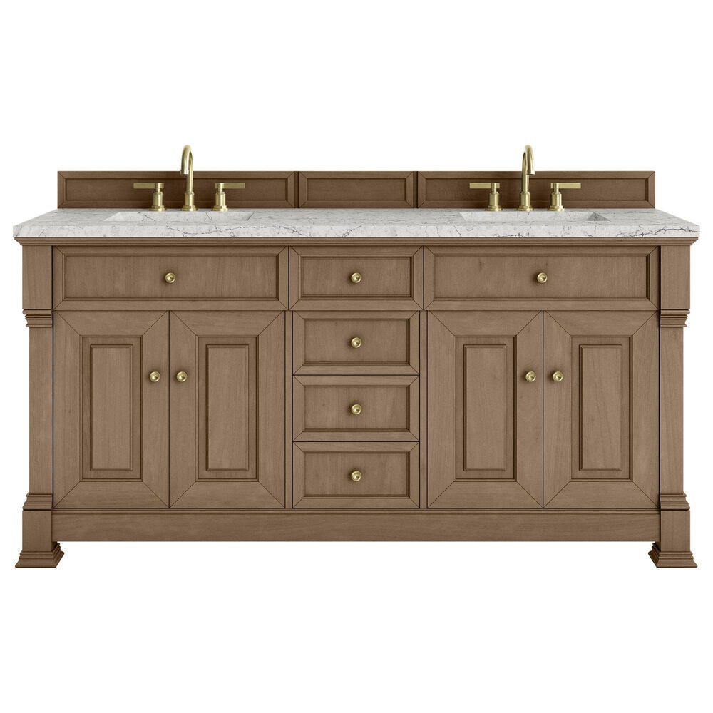 James Martin Vanities Brookfield 72&quot; Double Bathroom Vanity in Pecan with 3cm Eternal Jasmine Pearl Quartz Top and Rectangular Sinks, , large