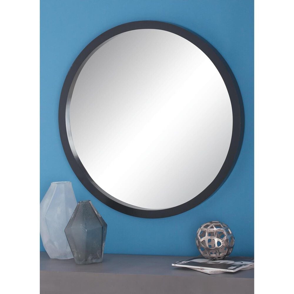 Maple and Jade 32&quot; Round Wood Wall Mirror in Matte Black, , large