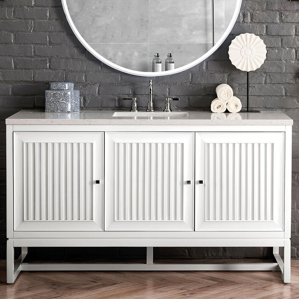 James Martin Vanities Addison 60&quot; Double Bathroom Vanity in Glossy White with 3 cm Eternal Marfil Quartz Top and Rectangular Sinks, , large