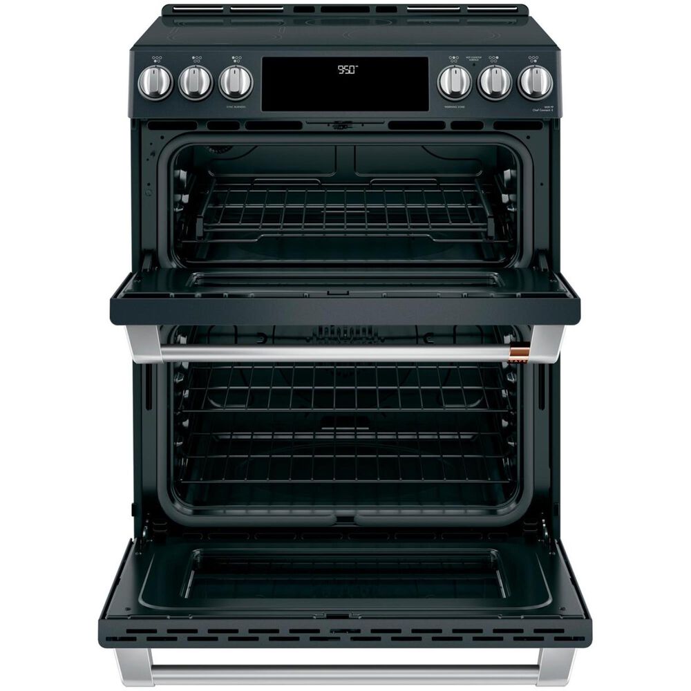 Cafe 30&quot; Slide-In Front Control Induction and Convection Double Oven Range in Matte Black With Brushed Stainless Handles and Control Knobs, , large