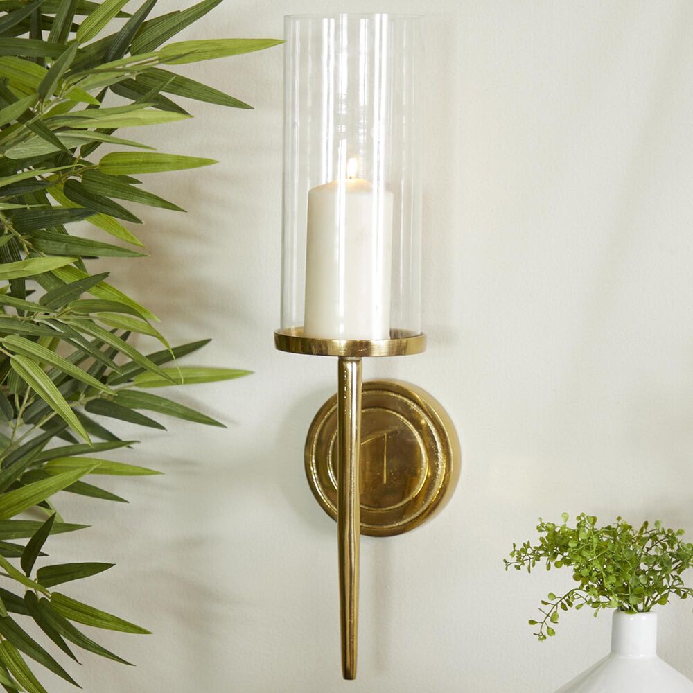 Maple and Jade 23&quot; Single Indoor/Outdoor Wall Mount Candle Holder in Polished Gold and Clear, , large