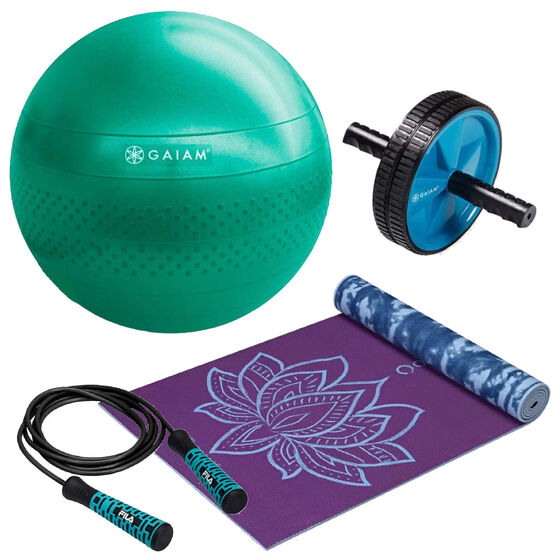 FILA Jump Rope | Gaiam Balance Ball | Gaiam Reversible Violet Yoga Mat | Gaiam Ab Wheel