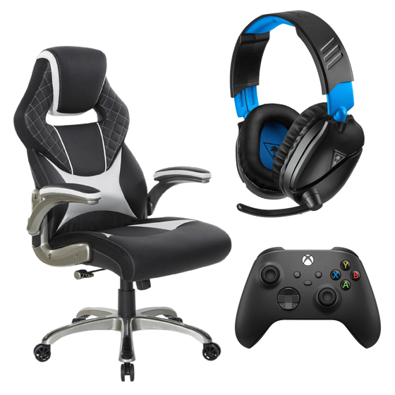 Xbox Series X Microsoft Wireless Controller in Carbon Black and Turtle Beach Recon 70 Wired Headset for PlayStation 4 in Black and Blue and OSP Home Oversite Gaming Chair in Black and White