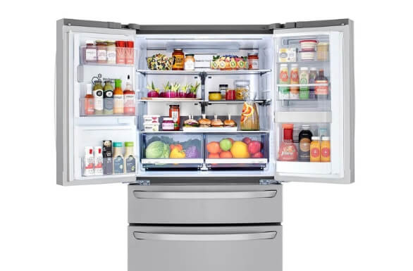 LG French Door Stainless Steel Refrigerator with open fridge doors showing storage and amount of space
