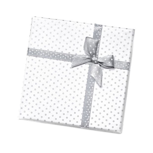 Gift with white wrapping paper and silver bow