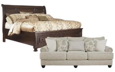 Millennium Porter Queen Sleigh Bed with Storage in Burnished Brown and Signature Design by Ashley Asanti Sofa