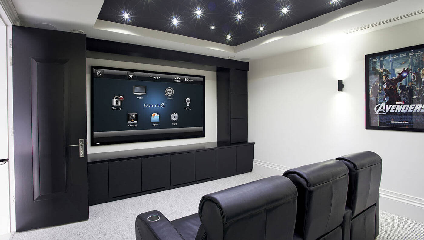 Home theater with large screen and theater seating