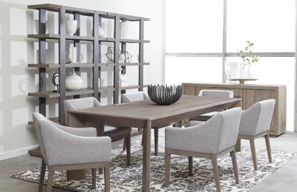 Dining room with gray and beige color scheme