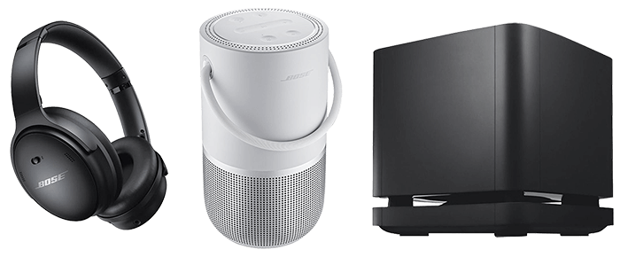 Bose home speaker in white, quiet comofort 45 headphones in black, and wireless subwoofer in black.