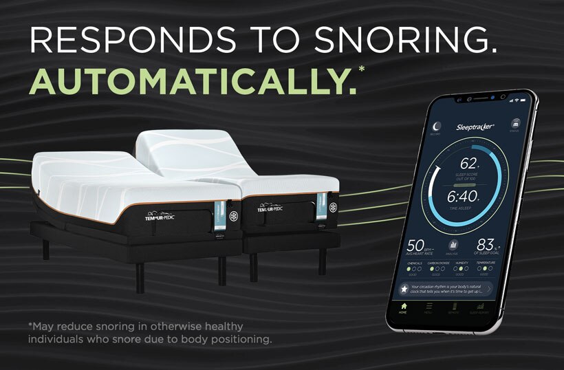 Responds to Snoring. Automatically.* | *May reduce snoring in otherwise healthy individuals who snore due to body positioning. | Mobile phone displaying the Sleeptracker(R) App