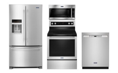 Maytag fridge, range, microwave and dishwasher in stainless steel