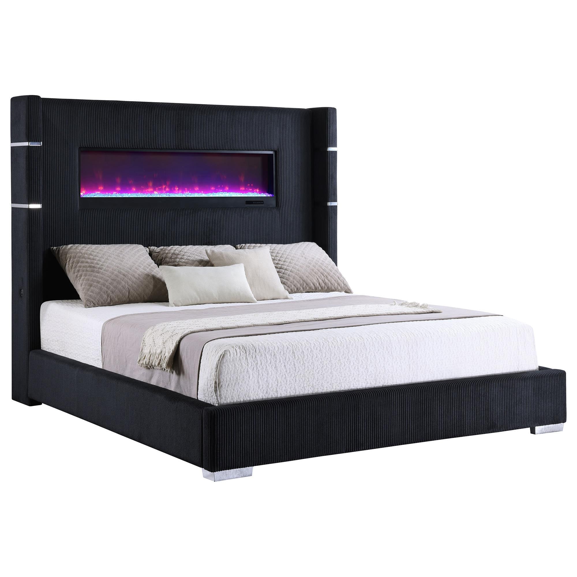 Coaster Tisdall Queen Upholstered Fireplace Bed in Black