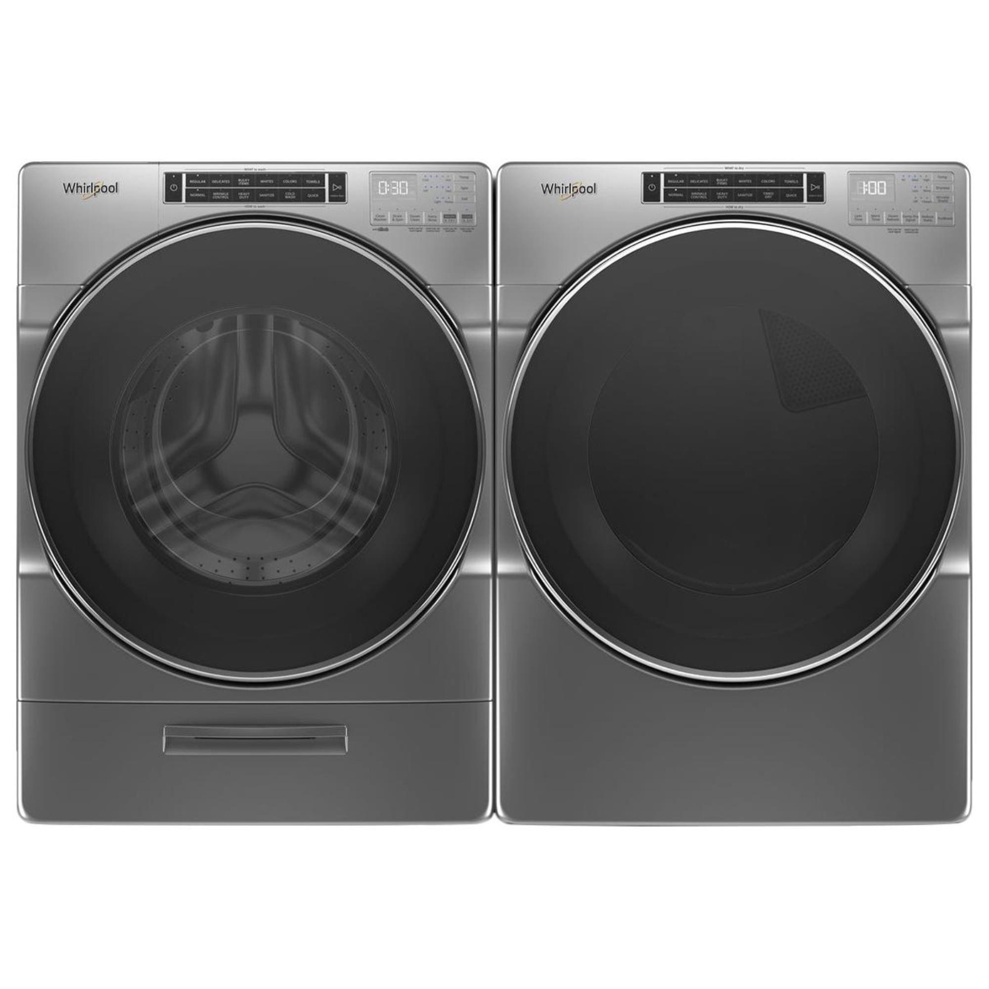 Whirlpool 5.0 Cu. Ft. Front Load Washer and 7.4 Cu. Ft. Electric Dryer Pair in Chrome Shadow