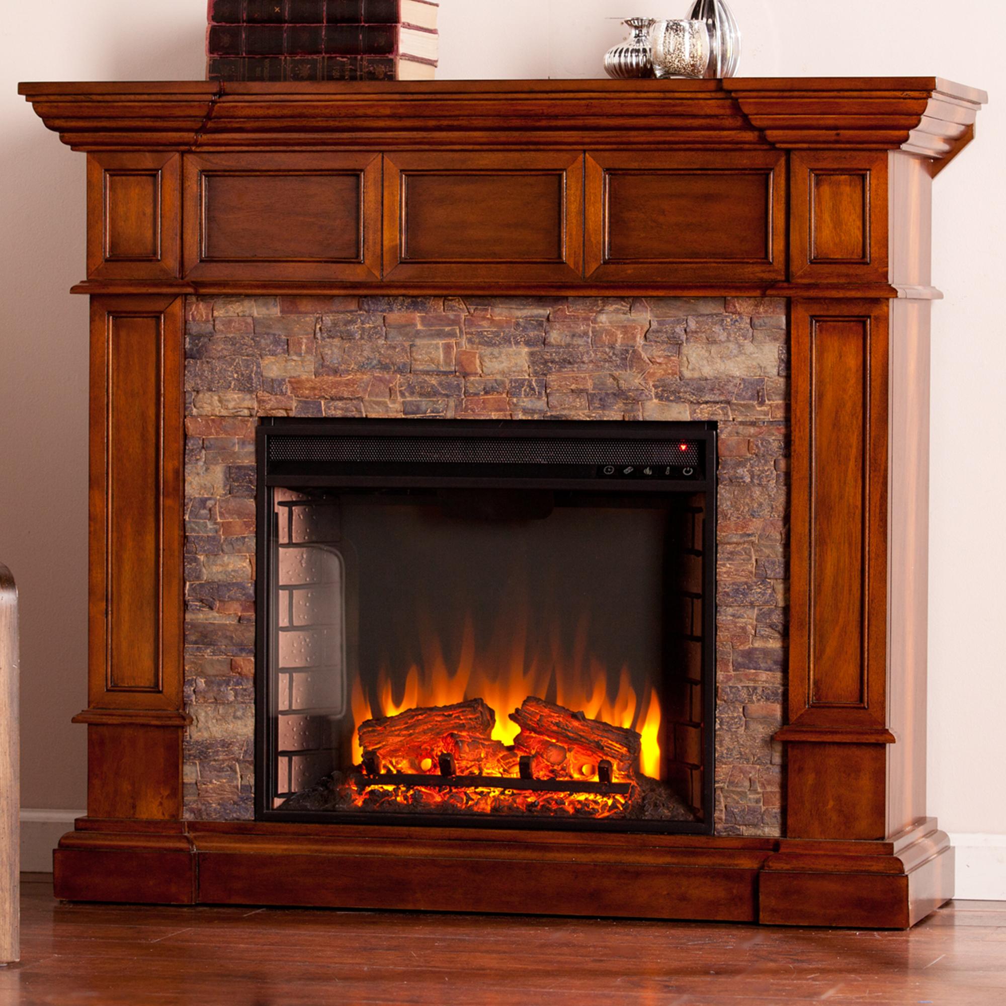 Southern Enterprises Engo Electric Convertible Fireplace in Buckeye Oak/ Durango Faux Stone | NFM