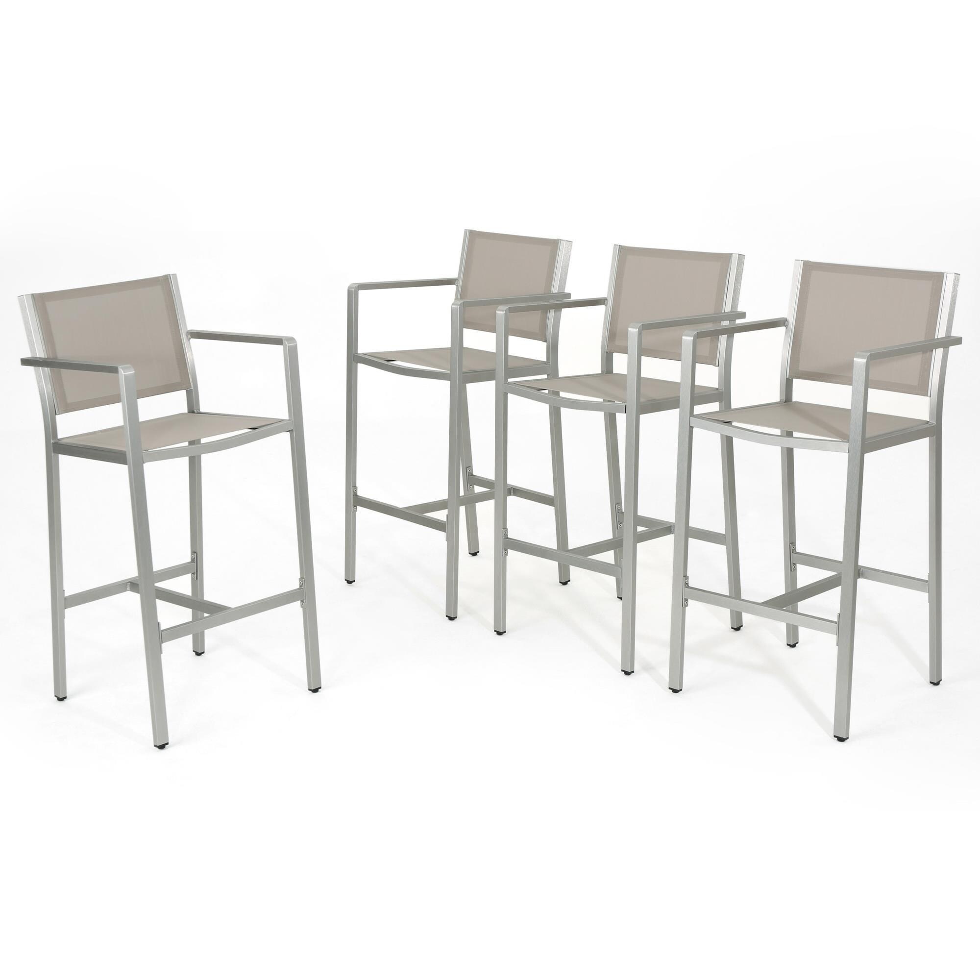 Noble House Cape Coral Patio Barstool with Gray Mesh in Silver (Set of