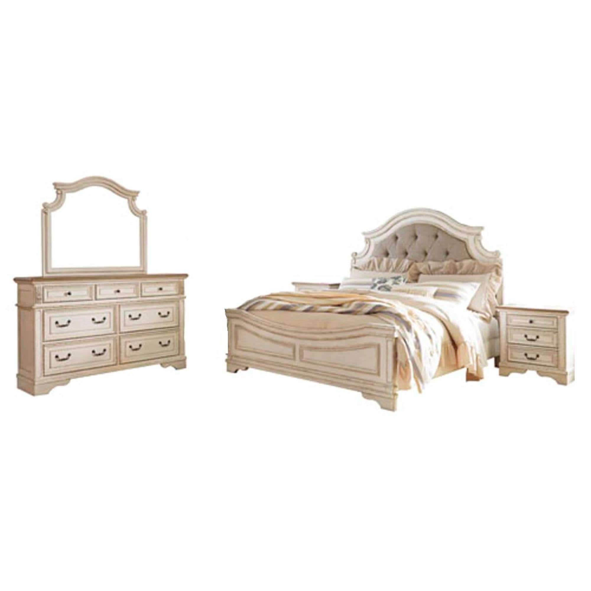 Ashley Realyn 4 Piece King Panel Bed Set in Chipped White and Brown NFM