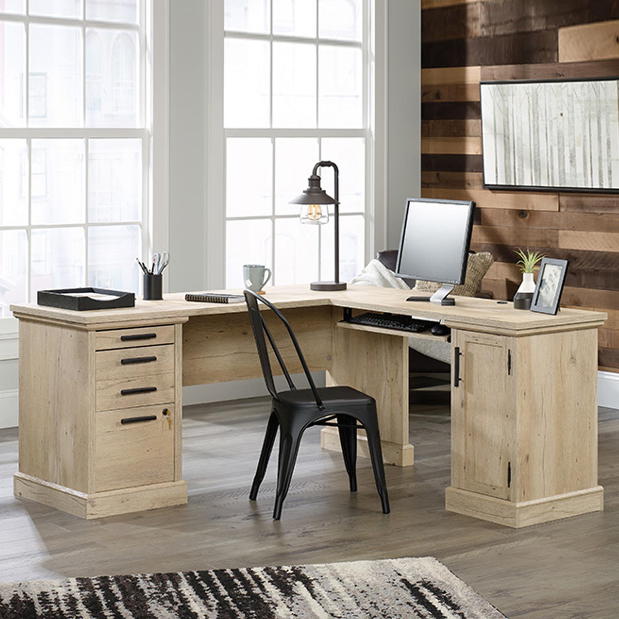 L-Shaped Desk with File, Cabinet, and Overhead Storage