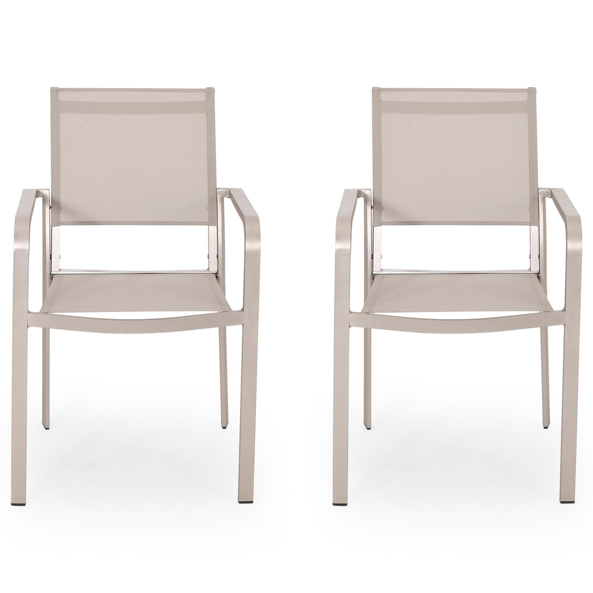 Noble House Cape Coral Patio Dining Chair with Taupe Mesh in Silver