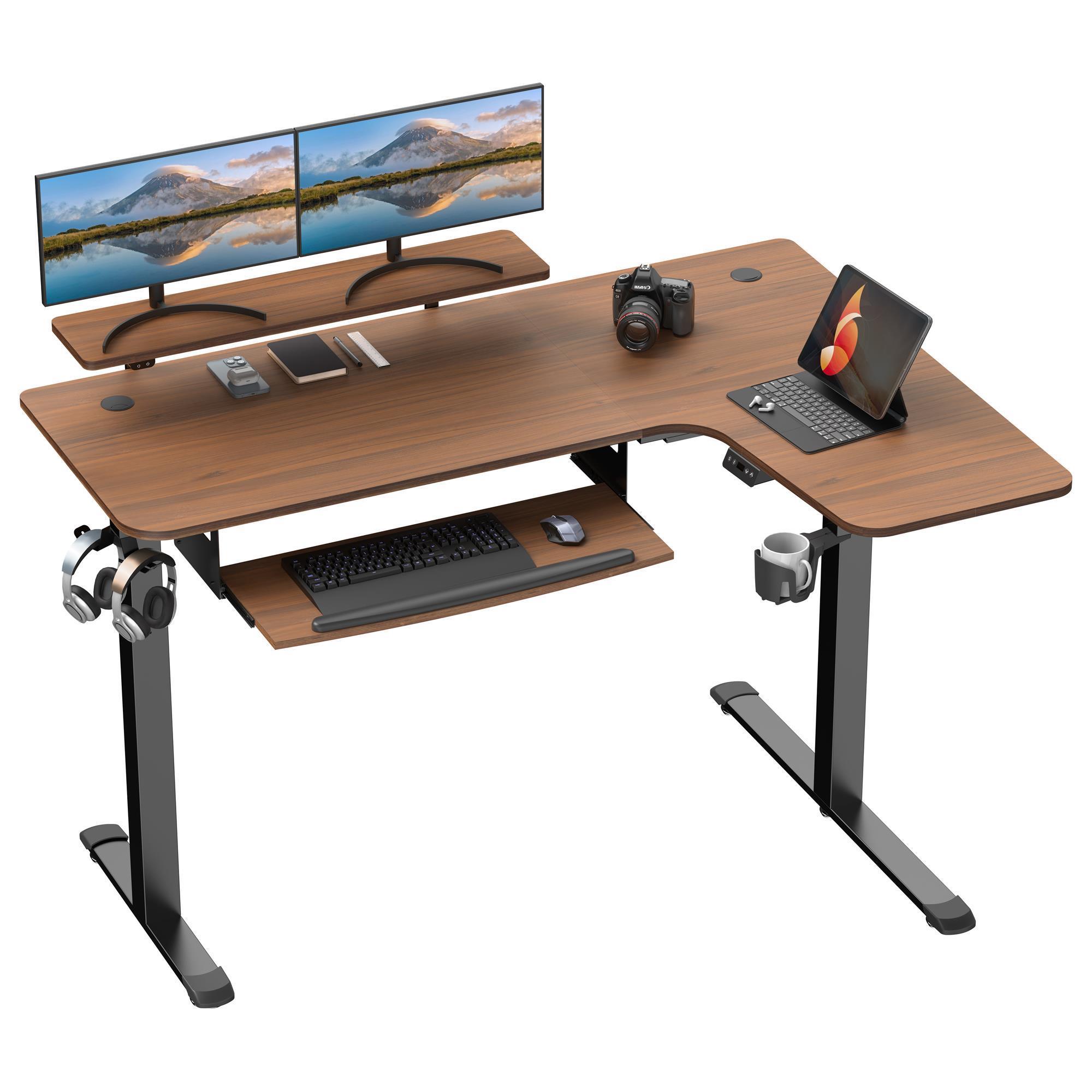 Eureka Right Facing LShaped Electric Standing Desk in Walnut and Black