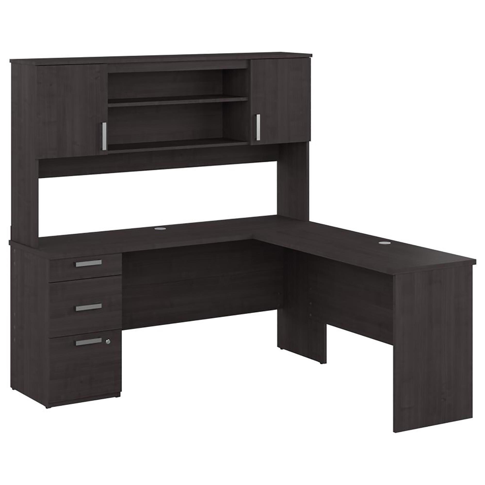 Bestar Ridgeley 65" LShaped Desk with Hutch in Charcoal Maple NFM